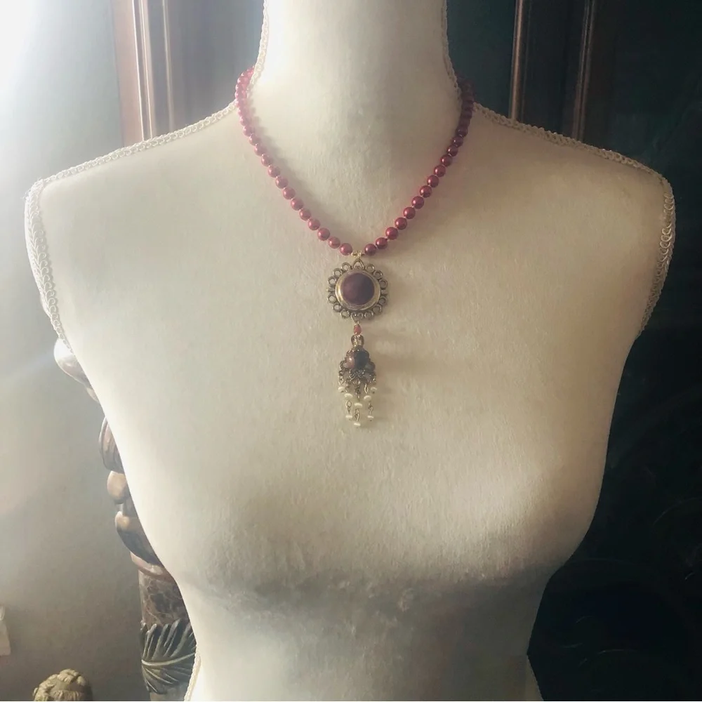 Handcrafted repurpose enamel sunburst chandelier Czech glass Pearl necklace